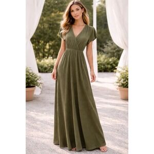 Baltic Born Sage Green Plisse Maxi Dress V-Neck Flutter Sleeve Pleated Gown M